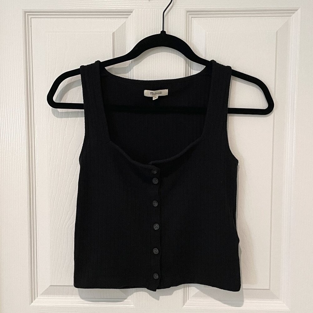 Madewell Cropped Black Ribbed Tank with Buttons